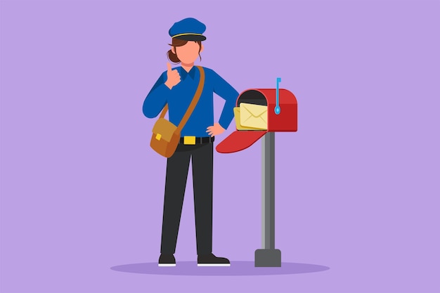 Cartoon flat style drawing happy postwoman with thumbs up gesture standing in hat bag uniform holding an envelope Working hard delivering mail to home address Graphic design vector illustration