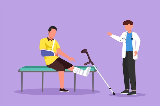 Cartoon flat style drawing leg fracture patient medical doctor talking to sick man with broken leg in hospital room young male on consultation with trauma problem graphic design vector illustration