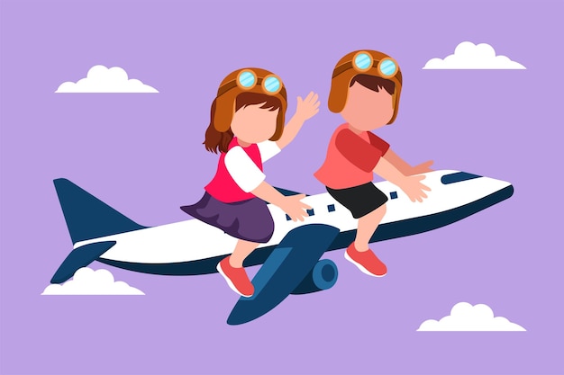 Cartoon flat style drawing little boy and girl riding small toy plane Happy kids on airplane Children riding electric toy airplane summer journey travel concept Graphic design vector illustration