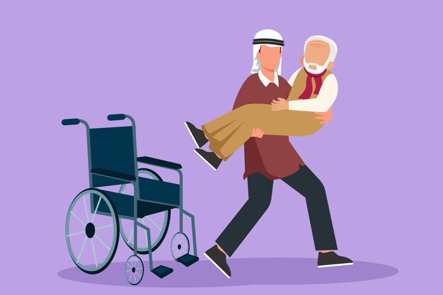 Cartoon flat style drawing of loving Arabian son took his old disabled father from wheelchair carrying him in his arms Happy senior man in hugs of his strong child Graphic design vector illustration