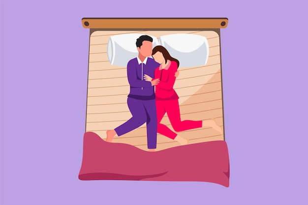Мультяшный плоский рисунок мужской и женской пары нежно обнимаются в постели мужчина и женщина спят на кровати, обнимая с любовью милую спящую позу любовника графический дизайн векторной иллюстрации
