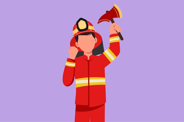 Cartoon flat style drawing male firefighters in complete uniform holding glass breaking axe with celebrate gesture prepare to put out fire that burned the building Graphic design vector illustration