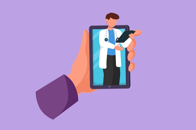 Vector cartoon flat style drawing male patient having fever sitting on sofa using blanket holding mug and there is female doctor walking out of smartphone with clipboard graphic design vector illustration