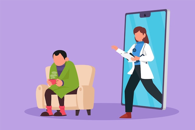 Cartoon flat style drawing male patient having fever sitting on sofa using blanket holding mug and there is female doctor walking out of smartphone with clipboard Graphic design vector illustration