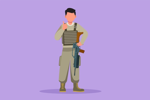 Cartoon flat style drawing male soldiers or army standing with weapons full uniforms and thumbs up gestures serving the country with strength of military forces Graphic design vector illustration