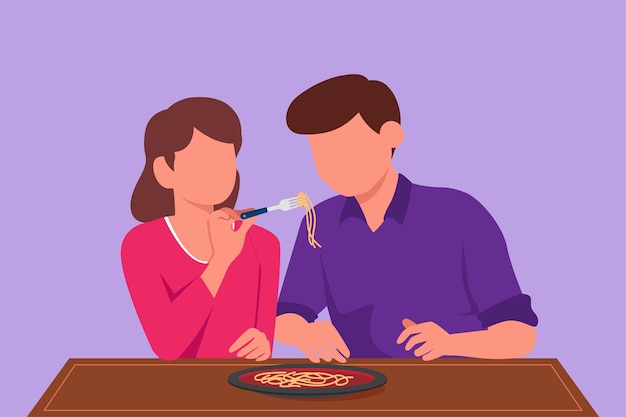 Мультяшный плоский рисунок мужчина и женщина едят макароны вместе молодая счастливая пара персонажей сидит за столом и ест свежую итальянскую кухню макароны с лапшой фаст-фуд графический дизайн векторная иллюстрация