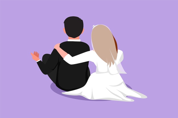 Cartoon flat style drawing married girl in love sit lay on shoulder her husband and looking at moon and stars Man and beauty woman enjoying romantic night together Graphic design vector illustration