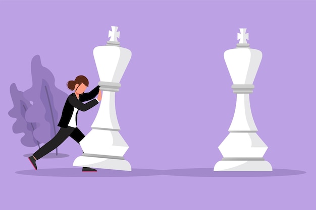 Мультяшный рисунок в плоском стиле деловой женщины толкает большие шахматные фигуры короля, чтобы победить короля-противника план маркетинга бизнес-стратегии стратегический ход в бизнес-концепции графический дизайн векторная иллюстрация