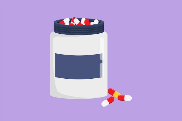 Vector cartoon flat style drawing pill bottle logo symbol medical capsules container tablet pills medical drug pharmacy care and tablet pills antibiotic pharmaceutical graphic design vector illustration