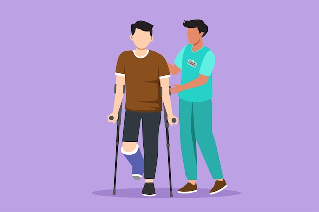 Cartoon flat style drawing of rehabilitation center Man patient learning to walk using crutches with help of doctor Physiotherapy treatment of people with injury Graphic design vector illustration