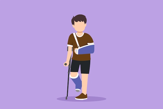 Cartoon flat style drawing of sad injured kids with broken arm and leg in gypsum Full length of upset injured little boy standing on crutches in medical hospital Graphic design vector illustration