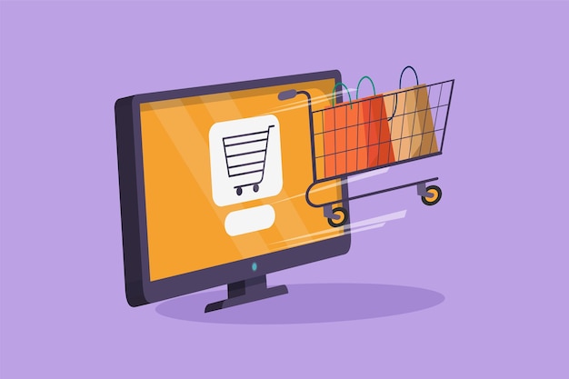 Cartoon flat style drawing shopping cart out of monitor screen Digital lifestyle with internet and gadgets Sale marketing consumerism Online store technology Graphic design vector illustration