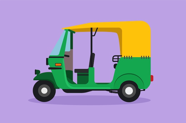 Cartoon flat style drawing side view of rickshaw is a traditional transportation in India which is still operating until now serving passengers Vehicles on roadway Graphic design vector illustration