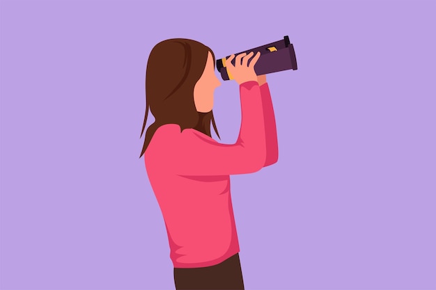 Vector cartoon flat style drawing side view of young woman looking in distance with binoculars enjoy beauty nature as far as the eye can see find something interesting graphic design vector illustration