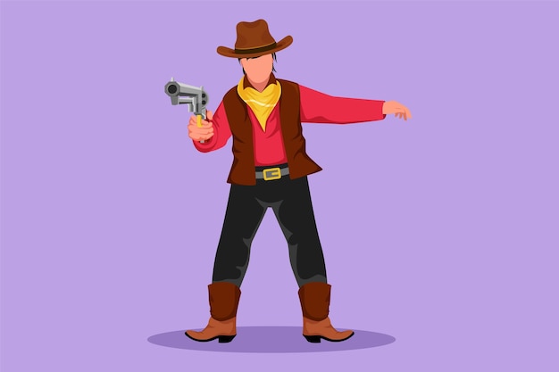 Cartoon flat style drawing smart cowboy holding his gun and aiming the guns ahead Stylized wild west gunslinger style holding gun Vintage weapons for self defense Graphic design vector illustration