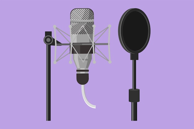 Vector cartoon flat style drawing technology object sound recording equipment concept studio silver microphone and black pop shield on mic stand logo icon label symbol graphic design vector illustration