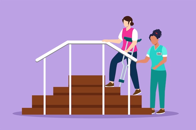 Vector cartoon flat style drawing therapist working with cute female patient climbing the stairs medical rehabilitation physical therapy activity healthcare in hospital graphic design vector illustration
