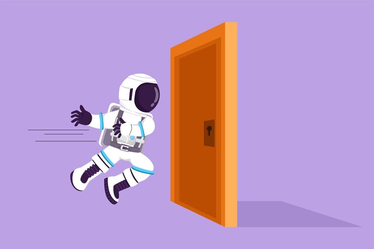 Vector cartoon flat style drawing young astronaut running and want to break down door in moon surface strength spaceman for success of duty cosmic galaxy space concept graphic design vector illustration