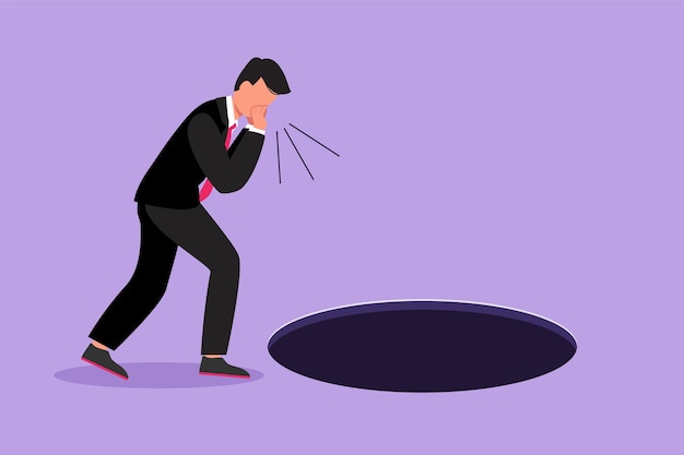 Cartoon flat style drawing young businessman scream into pit hole Man wondering and looking at big hole business concept in opportunity exploration or challenge Graphic design vector illustration
