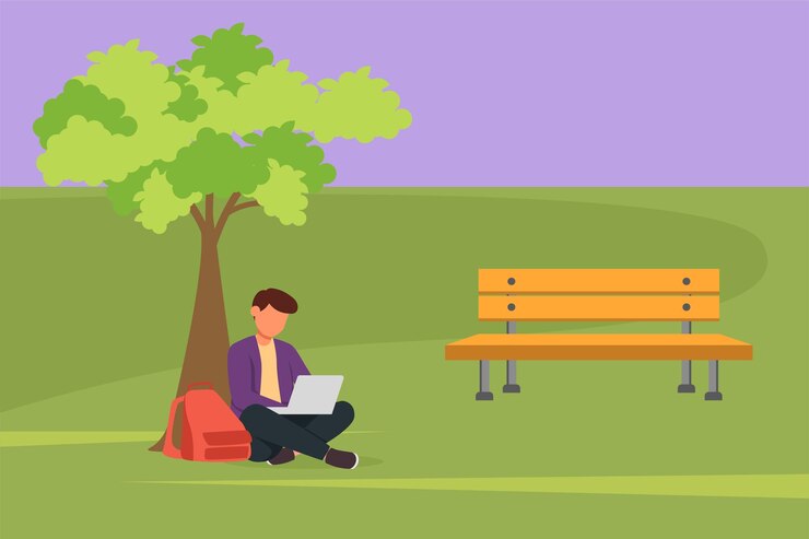 Vector cartoon flat style drawing young businessman sitting in park under a tree and working with laptop smart male student typing computer keyboard and studying outdoor graphic design vector illustration