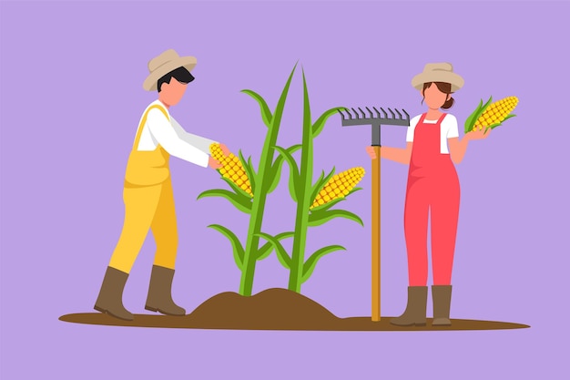 Вектор Мультяшный плоский рисунок молодой пары фермеров, собирающих кукурузу на дереве семейный фермерский бизнес, сезонная работа, сбор урожая натуральных овощей, сельскохозяйственная деятельность, векторная иллюстрация графического дизайна