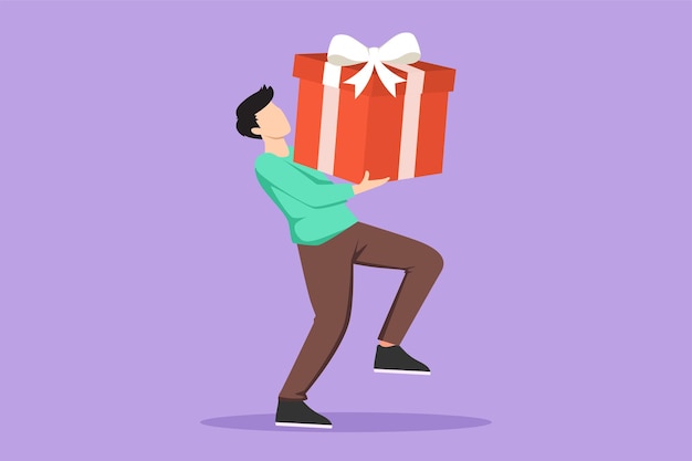 Cartoon flat style drawing young male carry big gift box Man carrying large gift box Bonus or special offer Present from office or company Celebration concept Graphic design vector illustration