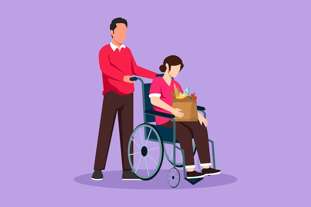 Cartoon flat style drawing young man supporting and caring disabled old woman on wheelchair Volunteer helping female with shopping bag taking care of senior woman Graphic design vector illustration