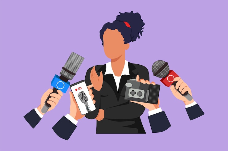 Vector cartoon flat style drawing young pretty woman giving an interview hands of journalists holds microphones concept of news election interviews comments politics graphic design vector illustration