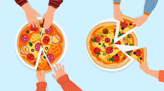 Cartoon flat woman man friends hands holding pizza triangles