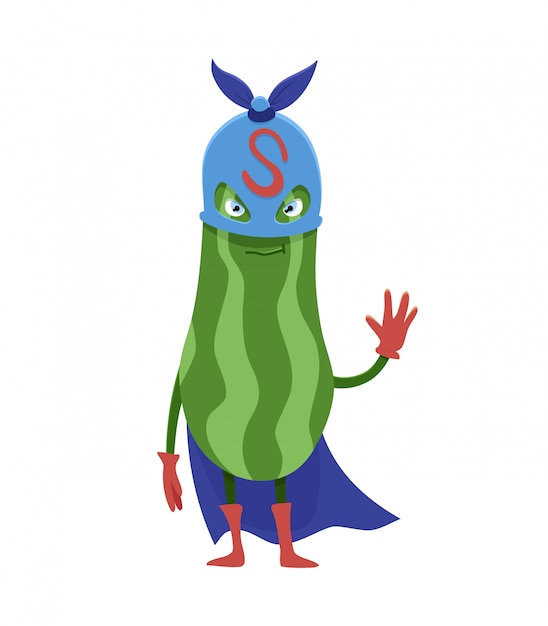 Cartoon flat zucchini superhero character, vegetable in mask.