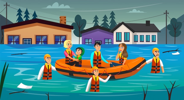 Cartoon Flood Survivors Sitting in Inflatable Boat