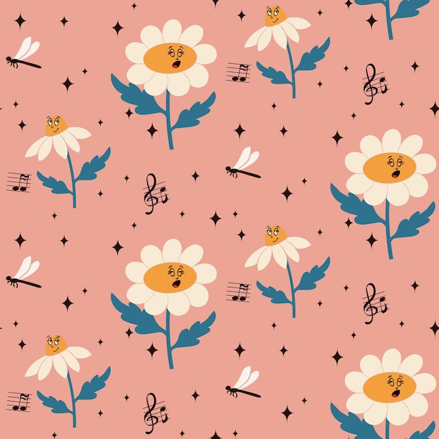Cartoon floral seamless pattern in retro style