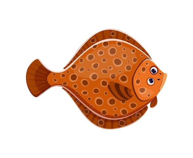 Vector cartoon flounder fish character isolated vector flatbodied plaice marine creature with both eyes on one side of head master of camouflage blending seamlessly with their surroundings to ambush prey