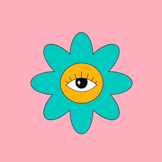 Vector cartoon flower character in retro style hippie psychedelic vintage