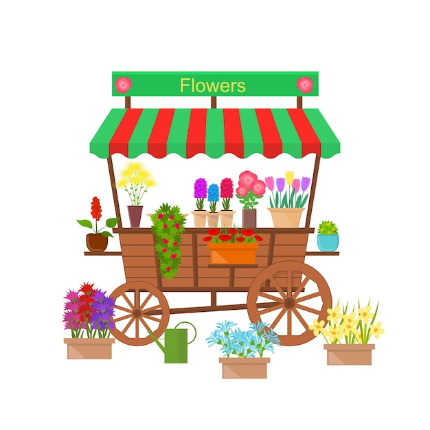만화 꽃 스탠드 마켓 숍 개념 요소 플랫 디자인 스타일 바퀴에 거리 꽃 키오스크의 벡터 그림