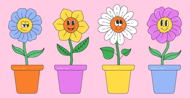 A cartoon of a flower with the words " happy flowers " on it.