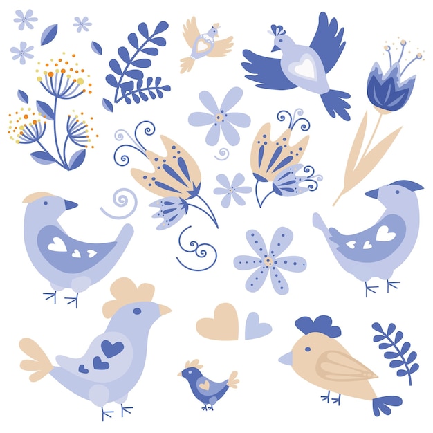 Cartoon flowers and birds