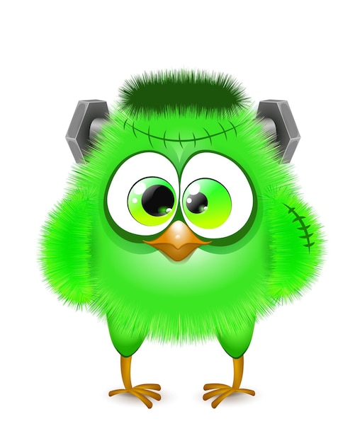 Cartoon fluffy funny little chick in green halloween costume of frankenstein