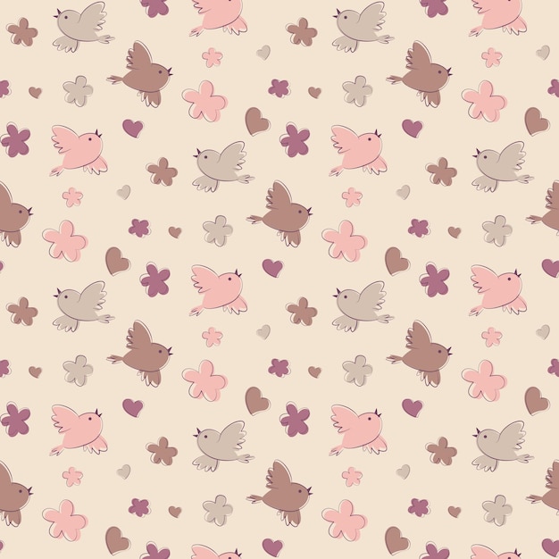 cartoon flying birds and flowers pattern