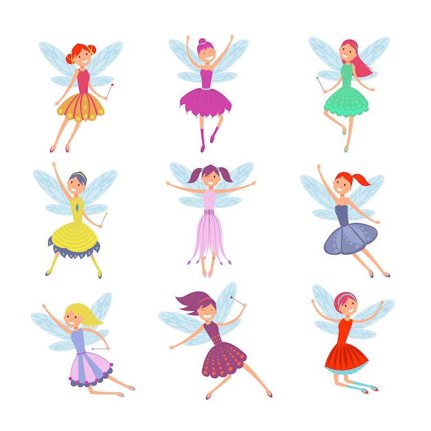 Fairies volanti del fumetto in abiti colorati vector set.