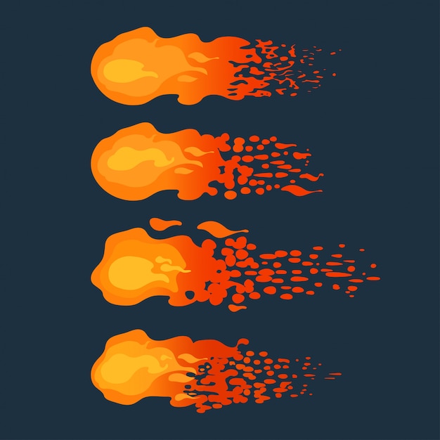 Cartoon flying fireballs on a dark background.  illustration