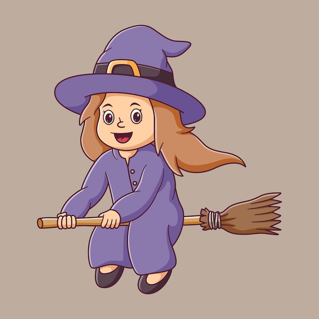 Vector cartoon flying red witch riding a broom. witch mascot cartoon character