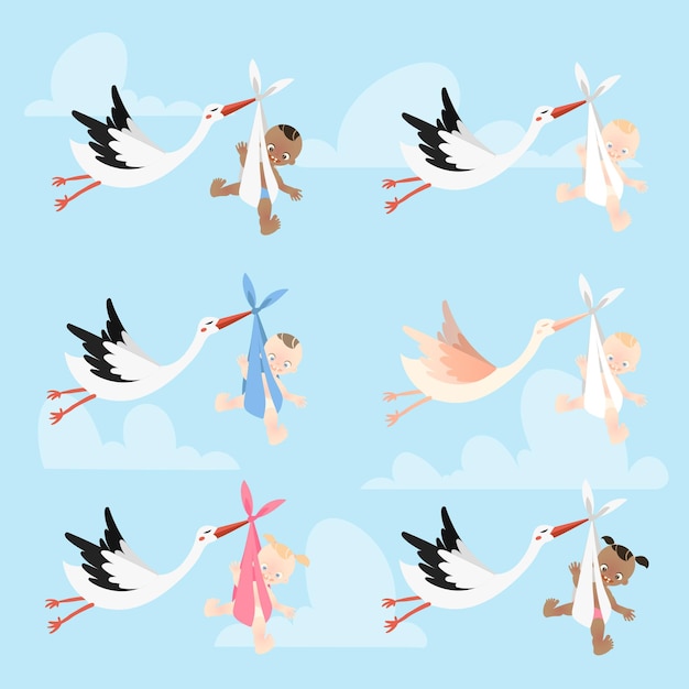 Cartoon flying storks birds carrying baby vector set stork bird with boy and girl flying in the sky