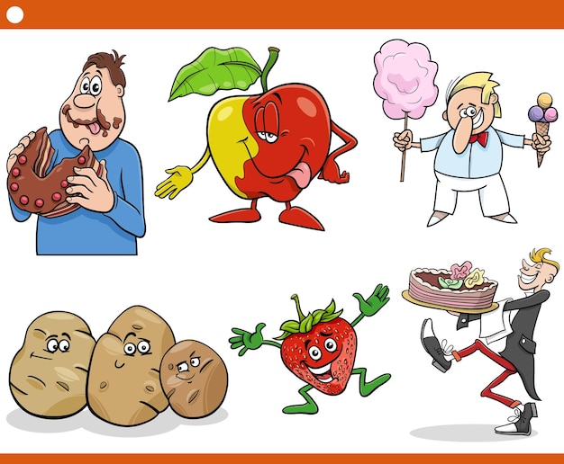 Set di personaggi di cibo e personaggi dei cartoni animati