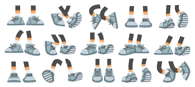 Vector cartoon foots with sneakers comic legs with shoes in walk stand and jump poses stick feet with footwear limbs for character design vector set