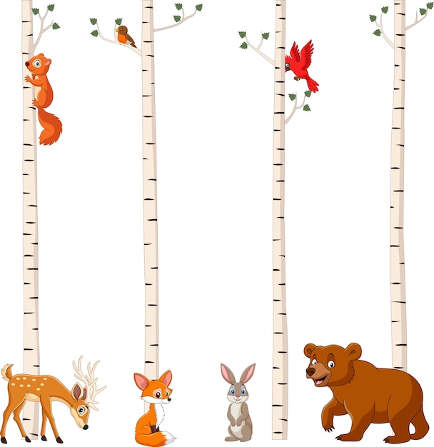 Vector cartoon forest animals with birch tree