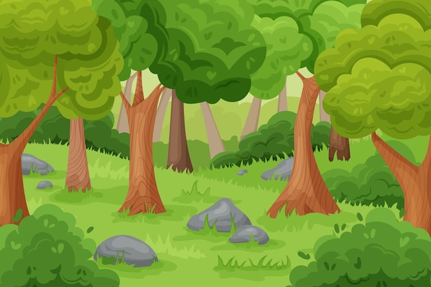 Vector cartoon forest background green wood with old trees bushes and grass outdoor nature landscape vector illustration