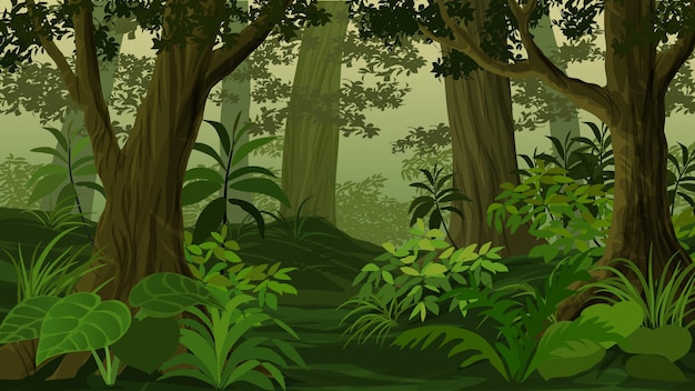 Vector cartoon forest landscape at sunset