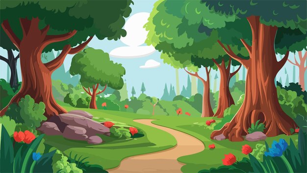 Vettore scena della foresta di cartoni animati con vari alberi della foresta illustrazione 3d render