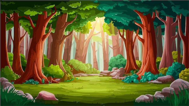 мультфильмная лесная сцена с различными лесными деревьями иллюстрация 3D-рендер